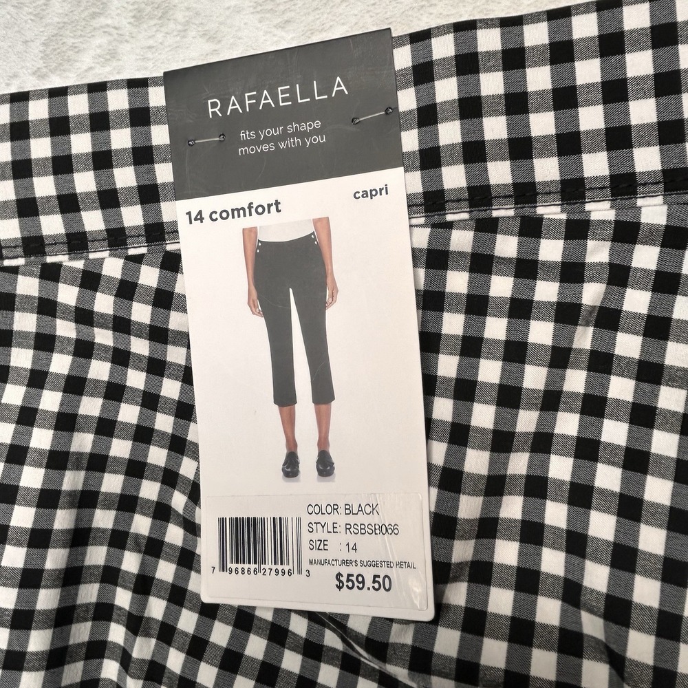 Rafaella High Stretch Elastic Waistband Pull-on Capri‎ Black Gingham Sz 14 NEW